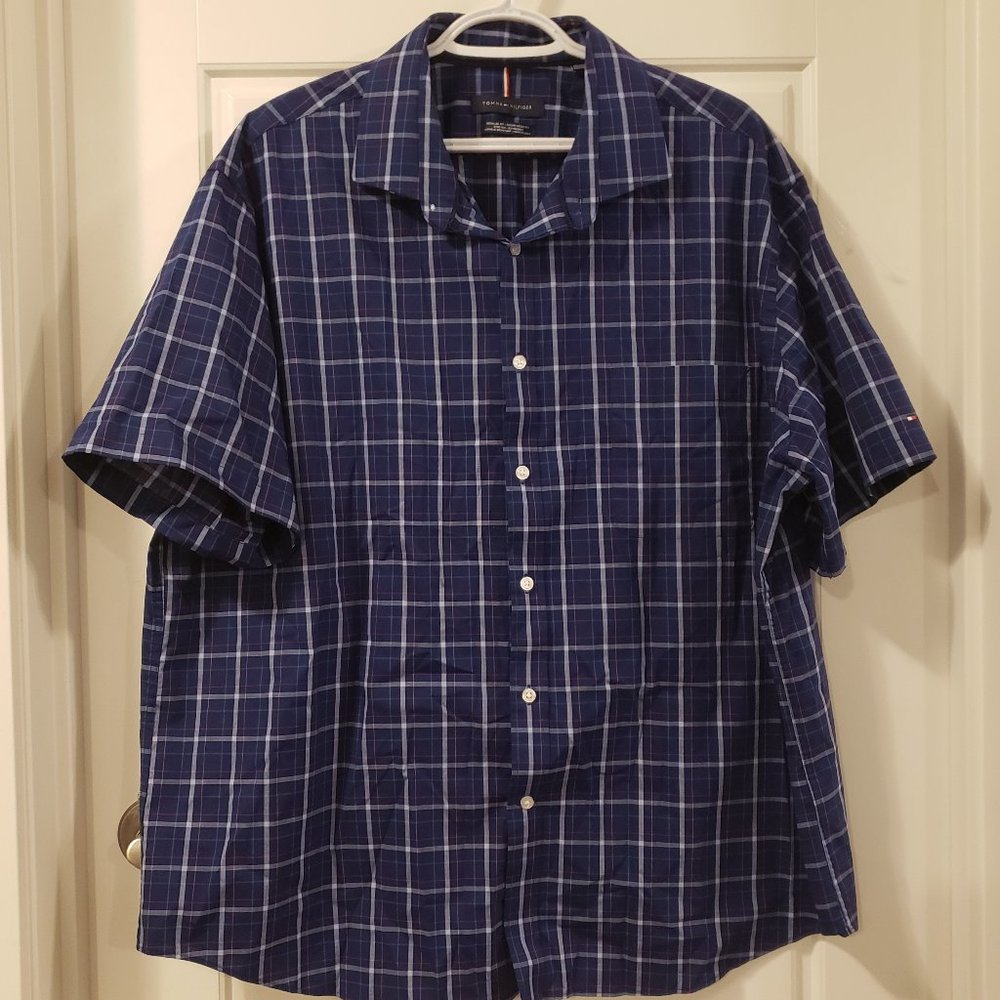 Tommy Hilfiger Men's Blue Orange Plaid Short Sleeve Collared Shirt - Size 2XL